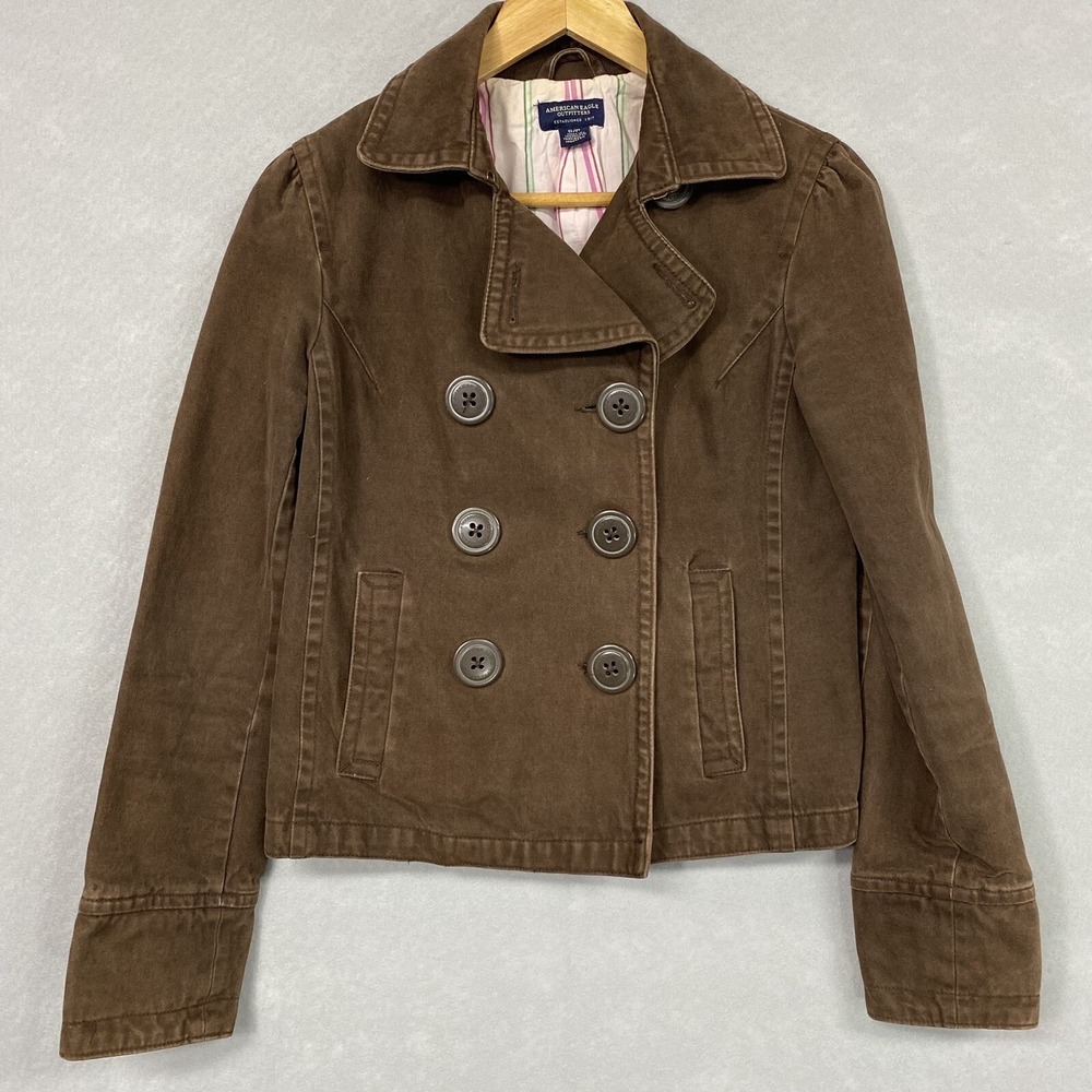 American Eagle Denim Jacket Women's Small Brown Double Breasted Button Up Y2K
